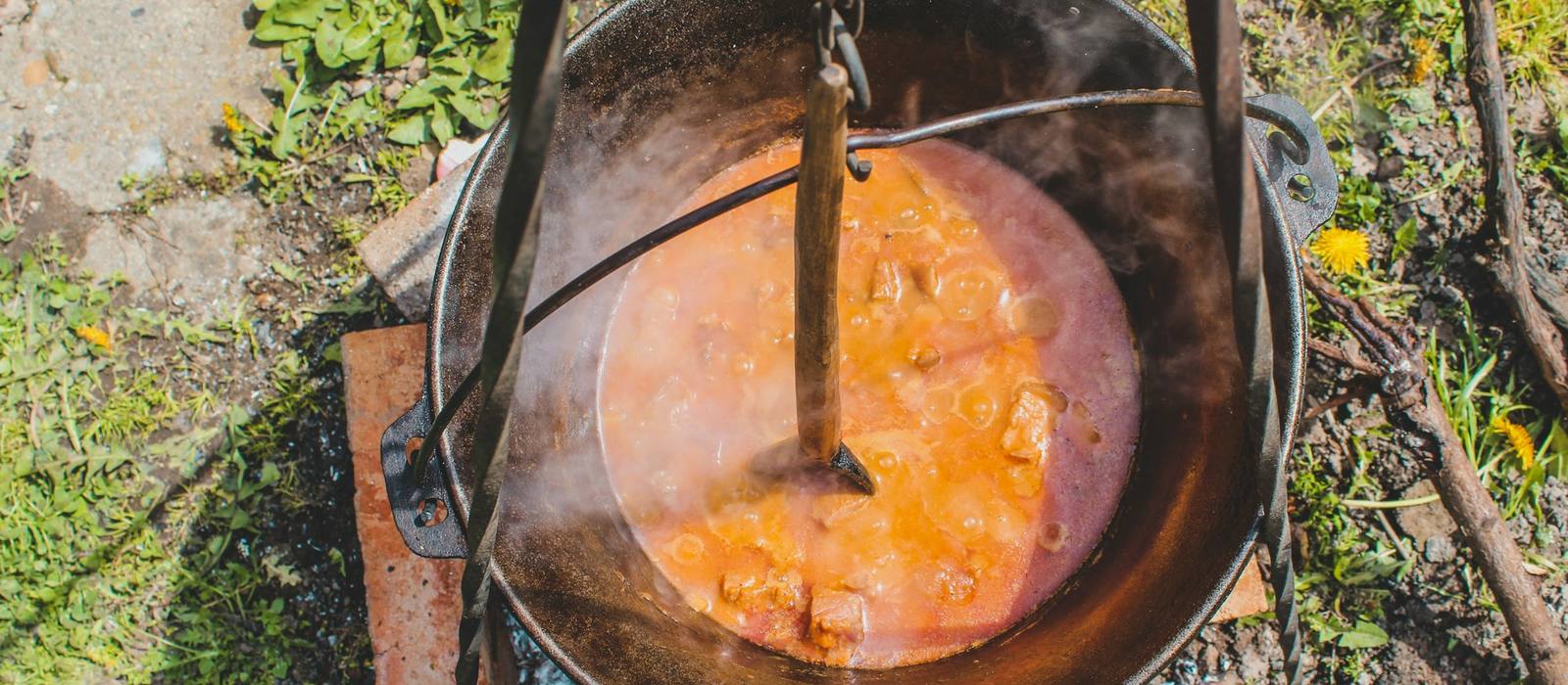 A pot of stew simmering over a campfire in the grass